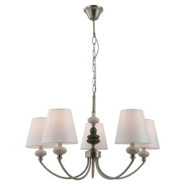 Satin Nickel 5-Light Candelier Seramik dengan warna kain kerucut putih